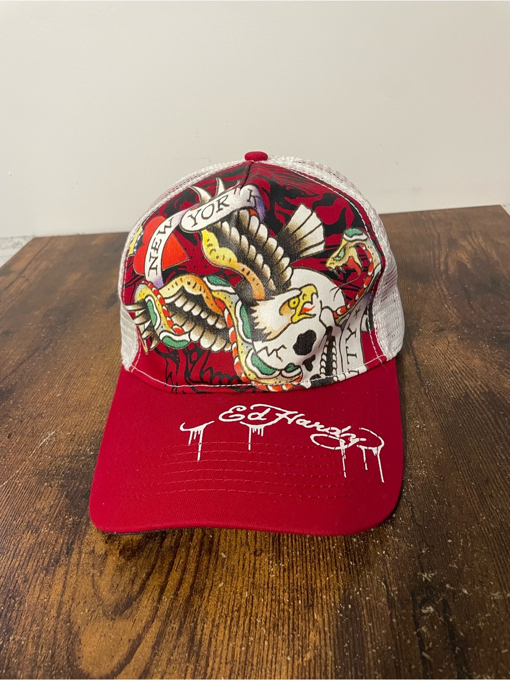 Ed Hardy Red Mesh Trucker Hat with Eagle Skull Artwork